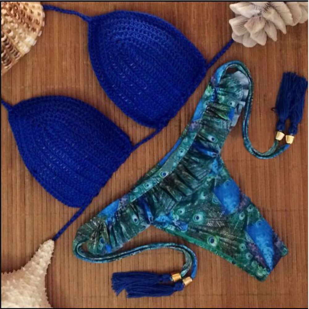 F4520Peacock summer print Crochet Push Up Monokini